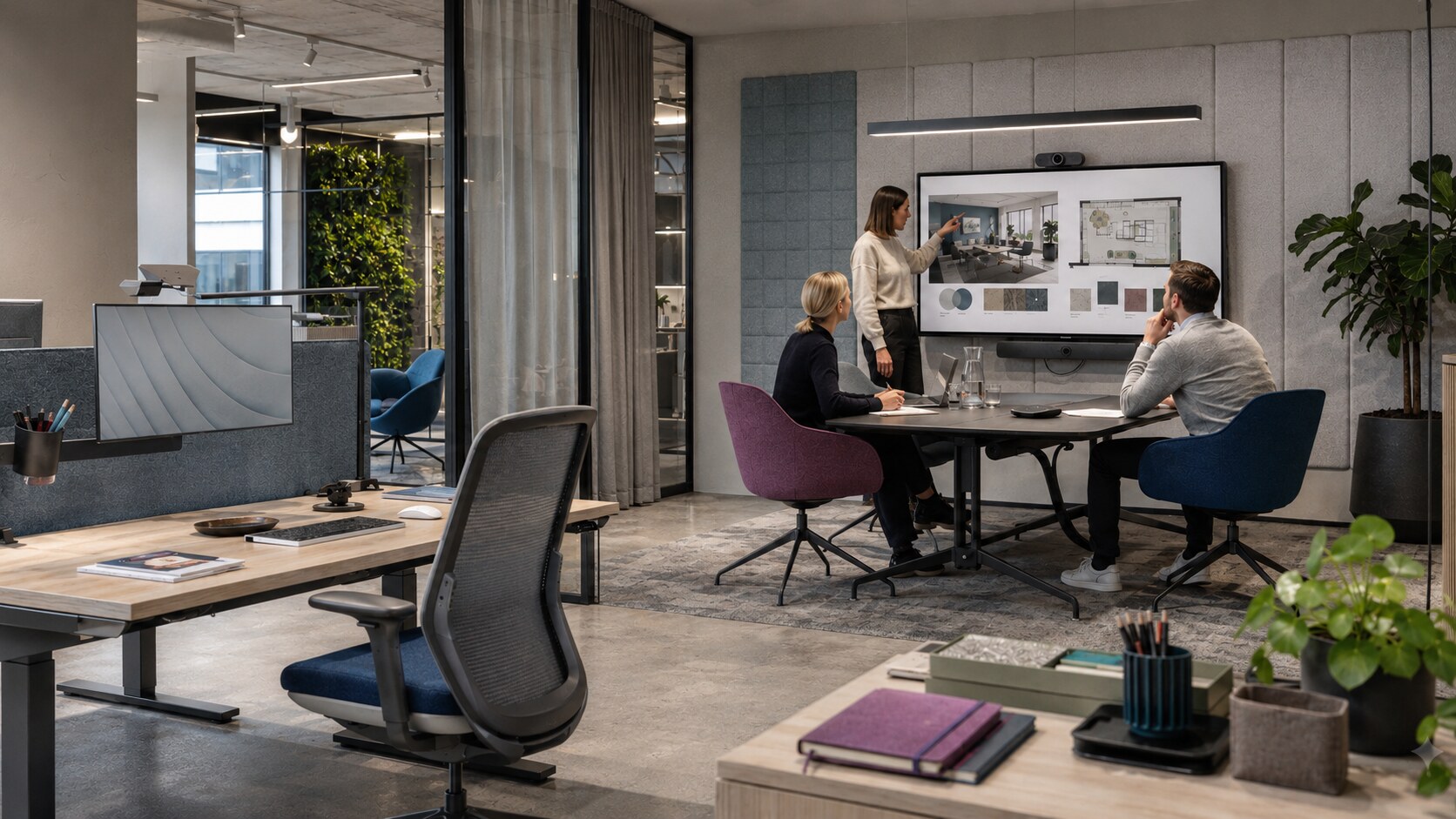 Solutions de bureau complètes pour entreprises avec aménagement de bureau et technologie de réunion